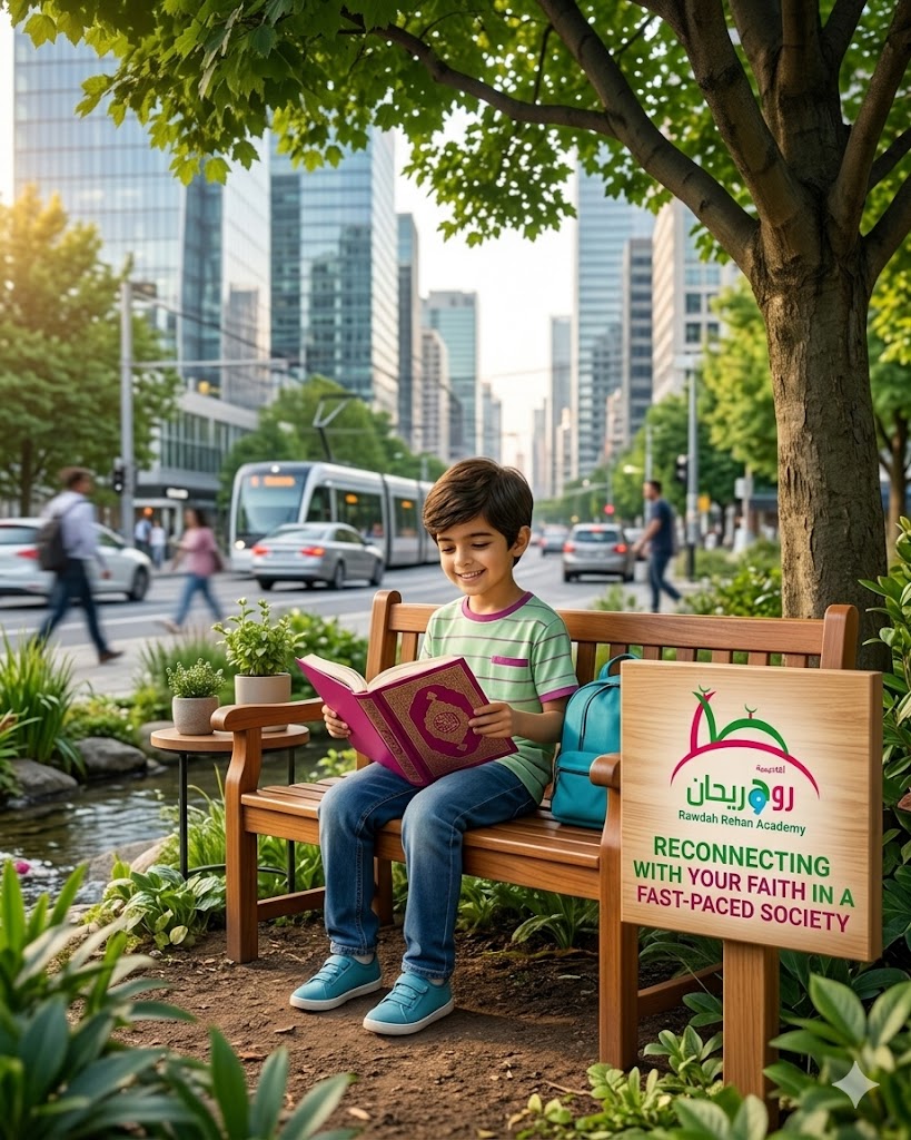 A Muslim taking a peaceful moment to reconnect with their faith amidst a busy Western city